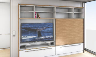 Präsentationszeichnung für ein neues Wohnraum-Möbel, hier mit geöffneter Schiebetür vor dem Fernseher