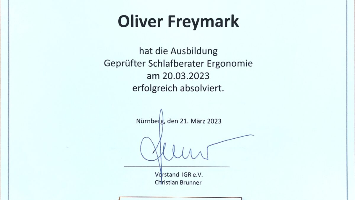 Zertifikat Geprüfter Schlafberater Ergonomie Oliver Freymark