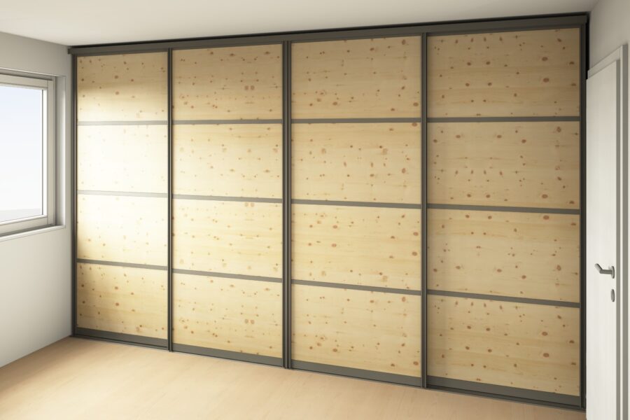 Schiebetürfront in massivem Zirbenholz, Rahmen mit grauer Pulverbeschichtung, Schrankfront, Raumteiler, Einbauschrank
