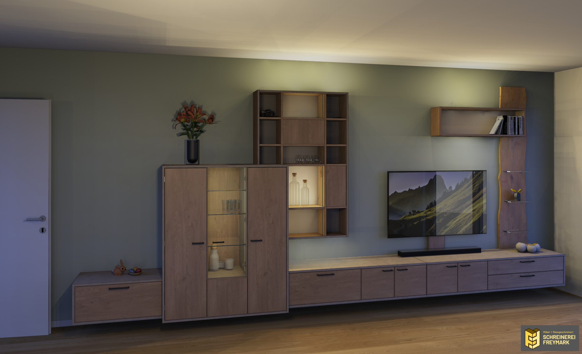 Schreinerei-Freymark-Freiburg_Wohnraum_12-24_Zeichnung_2 Entwurfszeichnung eines indivuduell gefertigten Wohnraum-Möbels mit Vitrine, TV-Board, Stauraum-Möbeln und LED-Beleuchtung