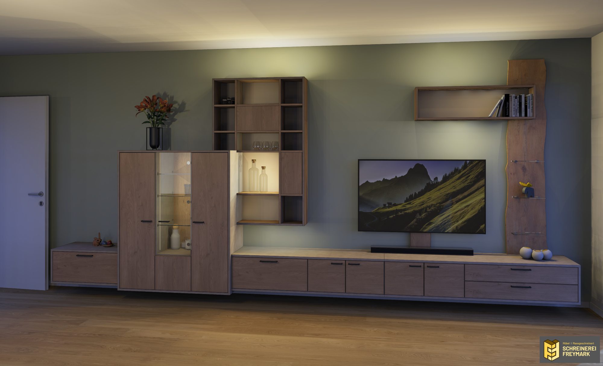 Schreinerei-Freymark-Freiburg_Wohnraum_12-24_Zeichnung_3 Zeichnung eines indivuduell gefertigten Wohnraum-Möbels mit Vitrine, TV-Board, Stauraum-Möbeln und LED-Beleuchtung