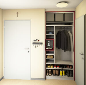 Entwurfszeichnung einer individuell auf Maß gefertigen Garderobe - Ansicht offen