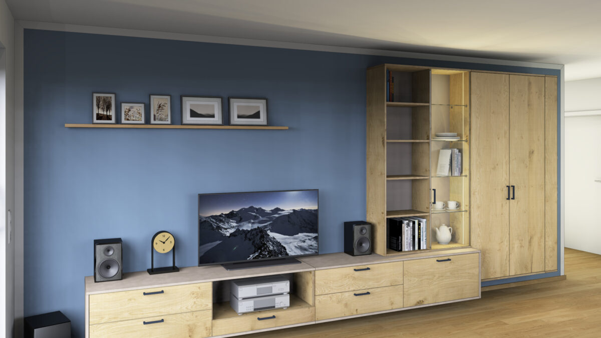 Entwurfszeichnung für Maßgeschreinerte Wohnmöbel Freiburg – geölte Eiche, gedämpfte Vollauszüge und integrierte Kabelführung für HiFi-Anlage und Fernseher.