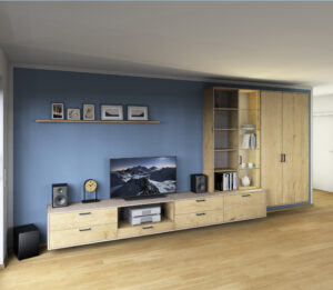 Entwurfszeichnung f&uuml;r Ma&szlig;geschreinerte Wohnm&ouml;bel Freiburg &ndash; ge&ouml;lte Eiche, ged&auml;mpfte Vollausz&uuml;ge und integrierte Kabelf&uuml;hrung f&uuml;r HiFi-Anlage und Fernseher.