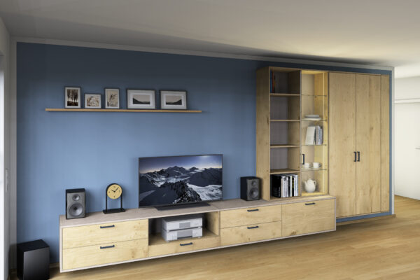 Entwurfszeichnung für Maßgeschreinerte Wohnmöbel Freiburg – geölte Eiche, gedämpfte Vollauszüge und integrierte Kabelführung für HiFi-Anlage und Fernseher.