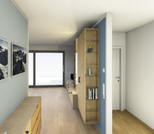 Ma&szlig;geschreinerte Wohnm&ouml;bel Freiburg &ndash; schlankes offenes Glasregal als leichter Abschluss des Wohnraumm&ouml;bels, ideal f&uuml;r B&uuml;cher und Deko. - Entwurfszeichnung -