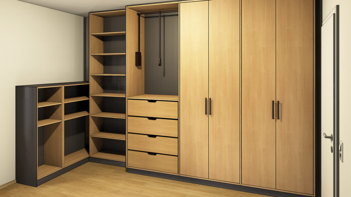 Entwurfszeichnung für einen maßgefertigten Kleiderschrank in Eiche mit schwarzen Akzenten