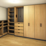 Entwurfszeichnung für einen maßgefertigten Kleiderschrank in Eiche mit schwarzen Akzenten