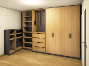 Entwurfszeichnung f&uuml;r einen ma&szlig;gefertigten Kleiderschrank in Eiche mit schwarzen Akzenten