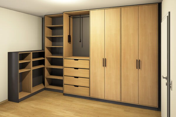 Entwurfszeichnung für einen maßgefertigten Kleiderschrank in Eiche mit schwarzen Akzenten