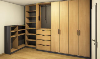 Entwurfszeichnung f&uuml;r einen ma&szlig;gefertigten Kleiderschrank in Eiche mit schwarzen Akzenten