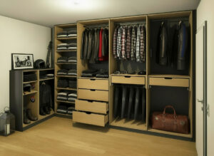 Entwurfszeichnung eines Kleiderschrank mit umfassender Innenaustattung