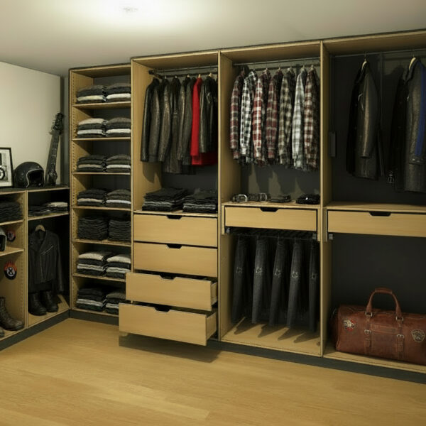 Entwurfszeichnung eines Kleiderschrank mit umfassender Innenaustattung